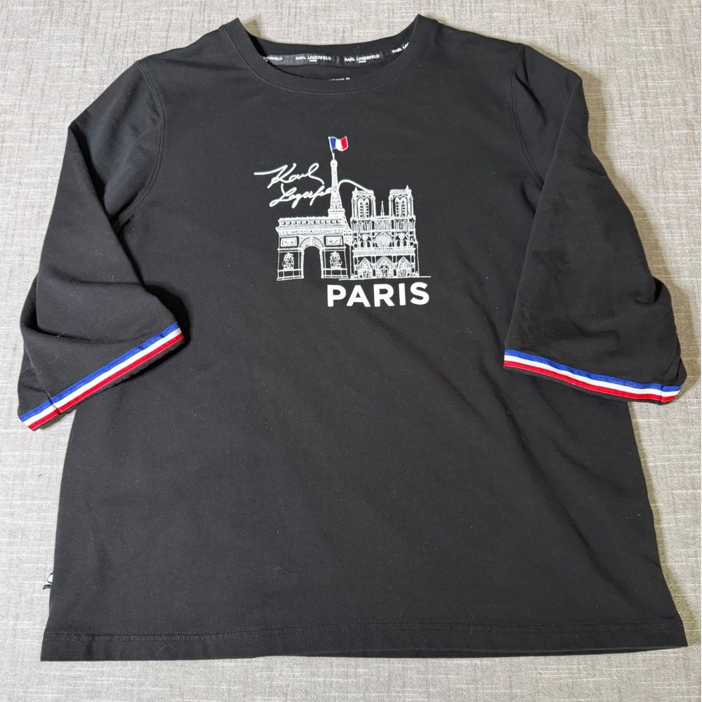 Karl Lagerfeld Paris Black Graphic T-Shirt Paris Landmarks 3/4 Sleeve L8WHS088 L